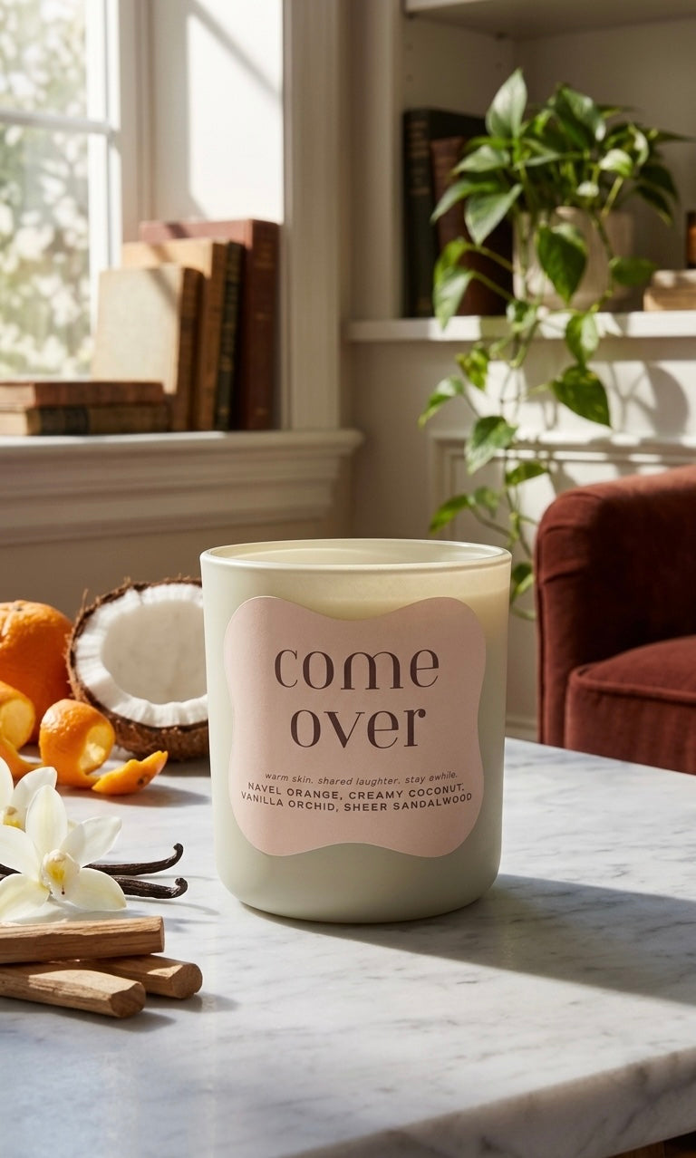 Candle with 'come over' label on a marble surface in a cozy room.